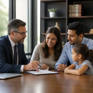 Man in suit showing documents to smiling family at table