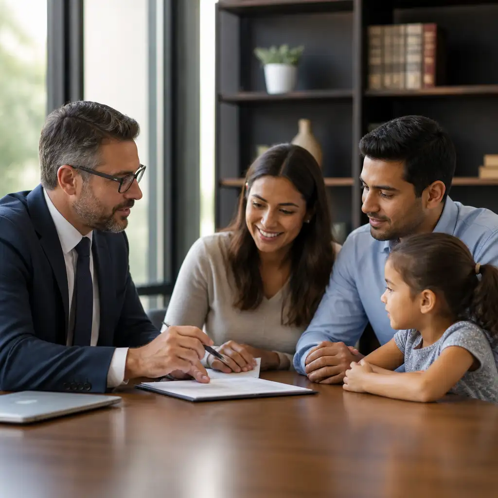 Man in suit showing documents to smiling family at table