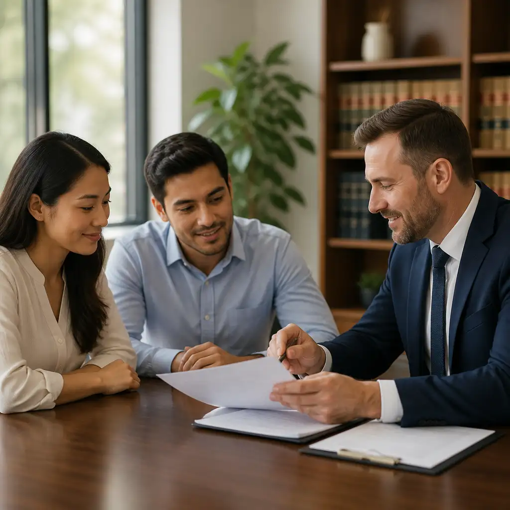 Man in suit reviewing documents with smiling couple