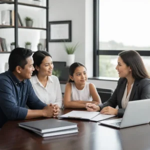 Woman in blazer consulting smiling couple and daughter at table