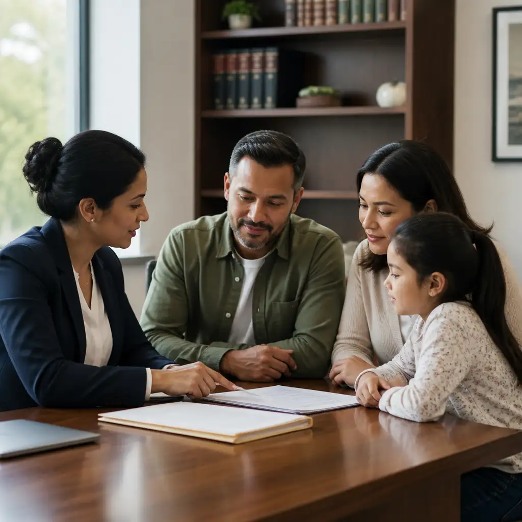 Woman in blazer pointing to papers with family at table