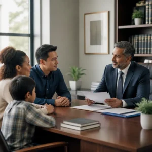 Man in suit discussing papers with family at desk