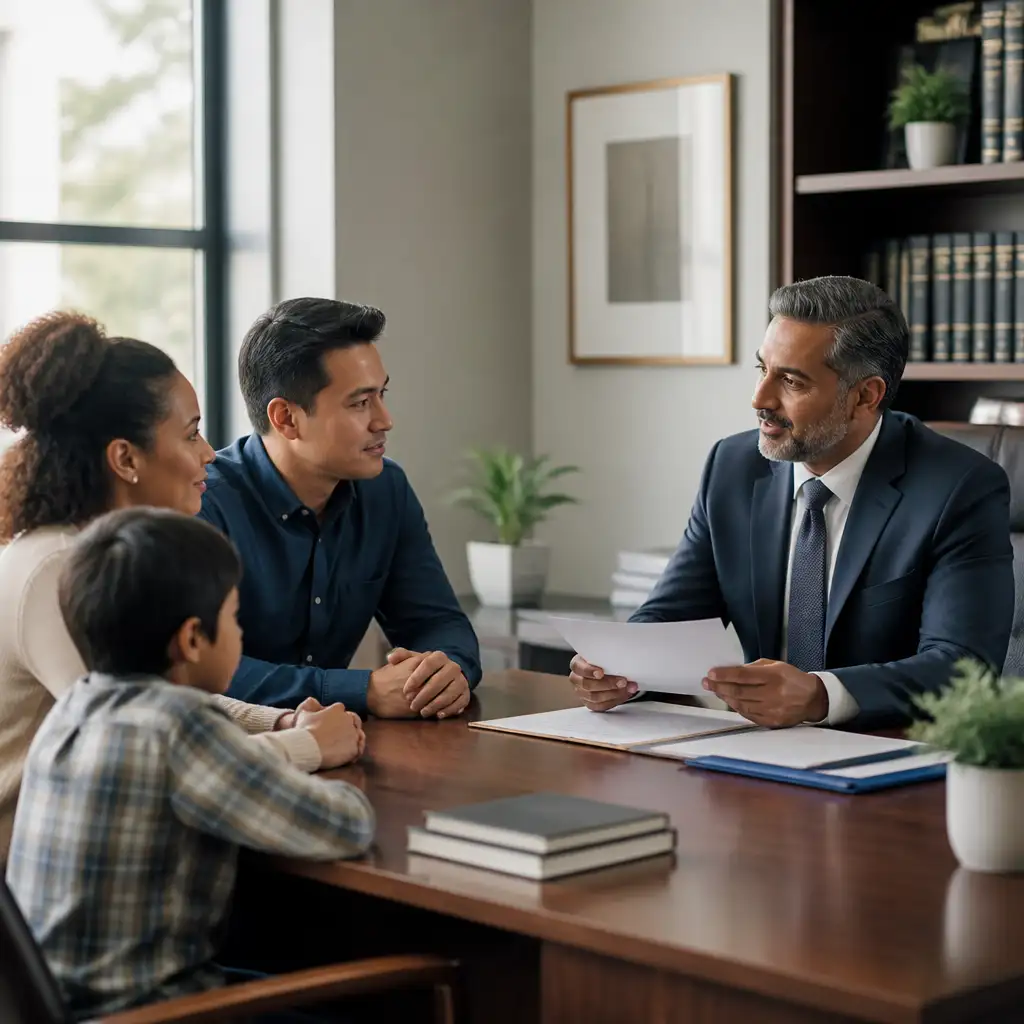 Man in suit discussing papers with family at desk