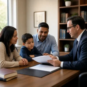 Attorney reviewing documents with a family at a wooden desk