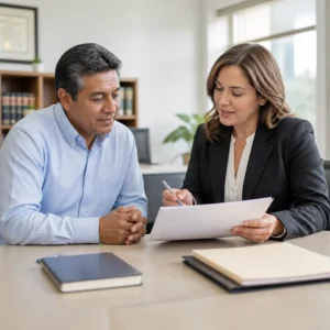 Woman in blazer pointing at document while man listens