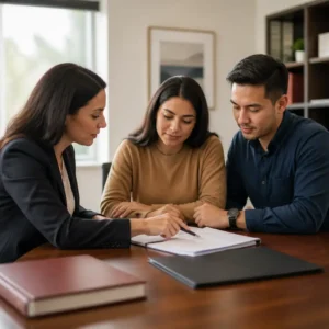 Woman in blazer pointing at papers while couple reviews