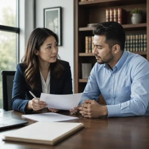 Woman in blazer reviewing documents with man at office table
