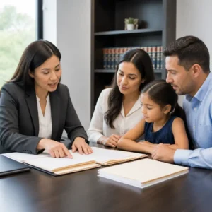 Woman in blazer pointing at paperwork while family listens