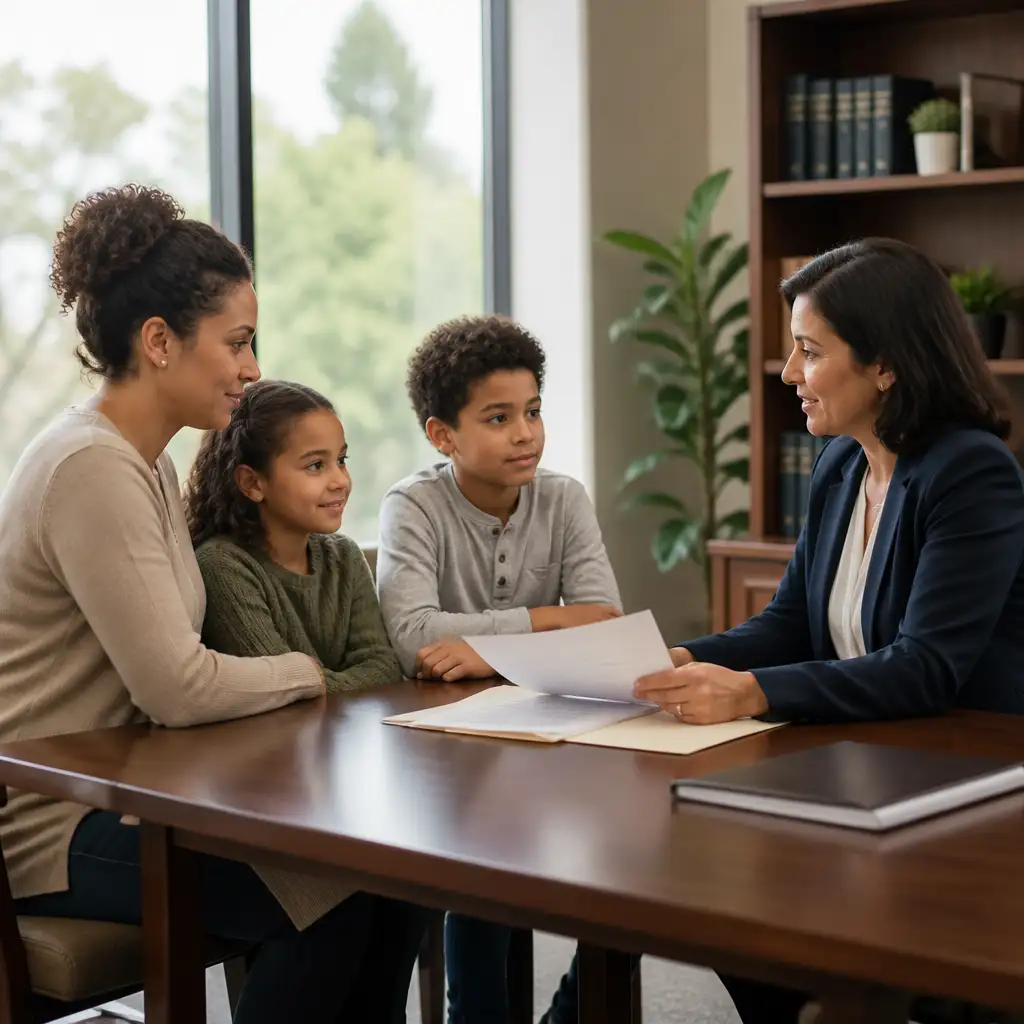 Woman in blazer holding papers with woman and two children