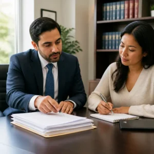Man in suit pointing at paperwork while woman takes notes