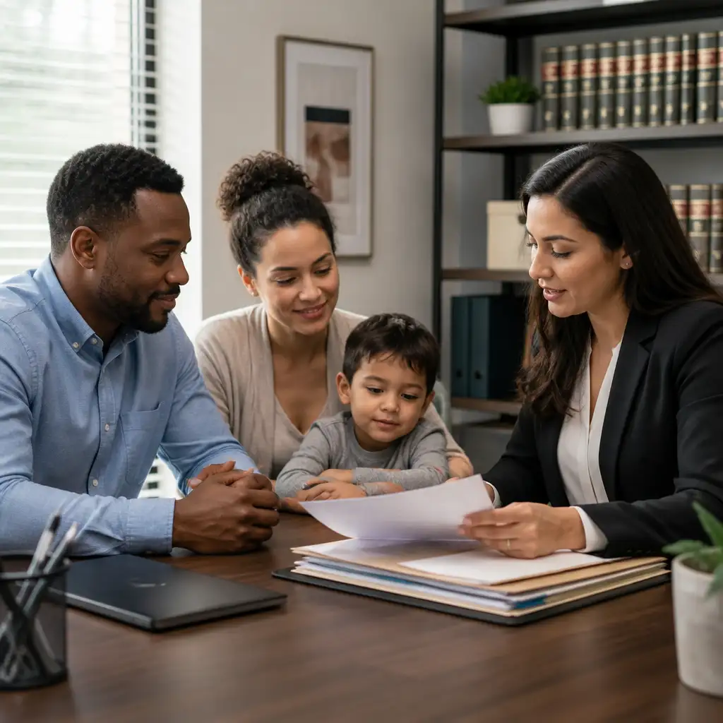 Attorney reviewing paperwork with parents and young child at desk