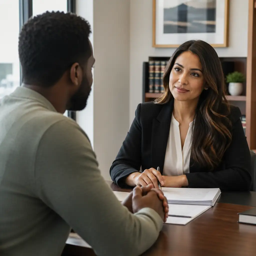 Woman in blazer listening to man across a table