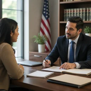 Man in suit speaking with woman across desk, documents, flag