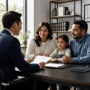 Man in suit talking to parents and child across table