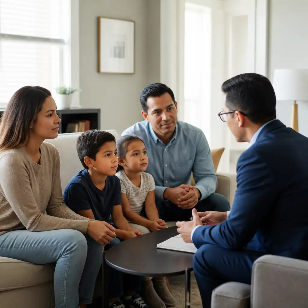 Family of four listening to man in suit at table