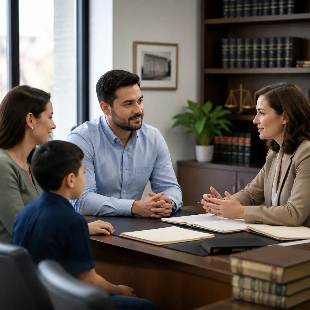 Woman in blazer speaking with family at office desk