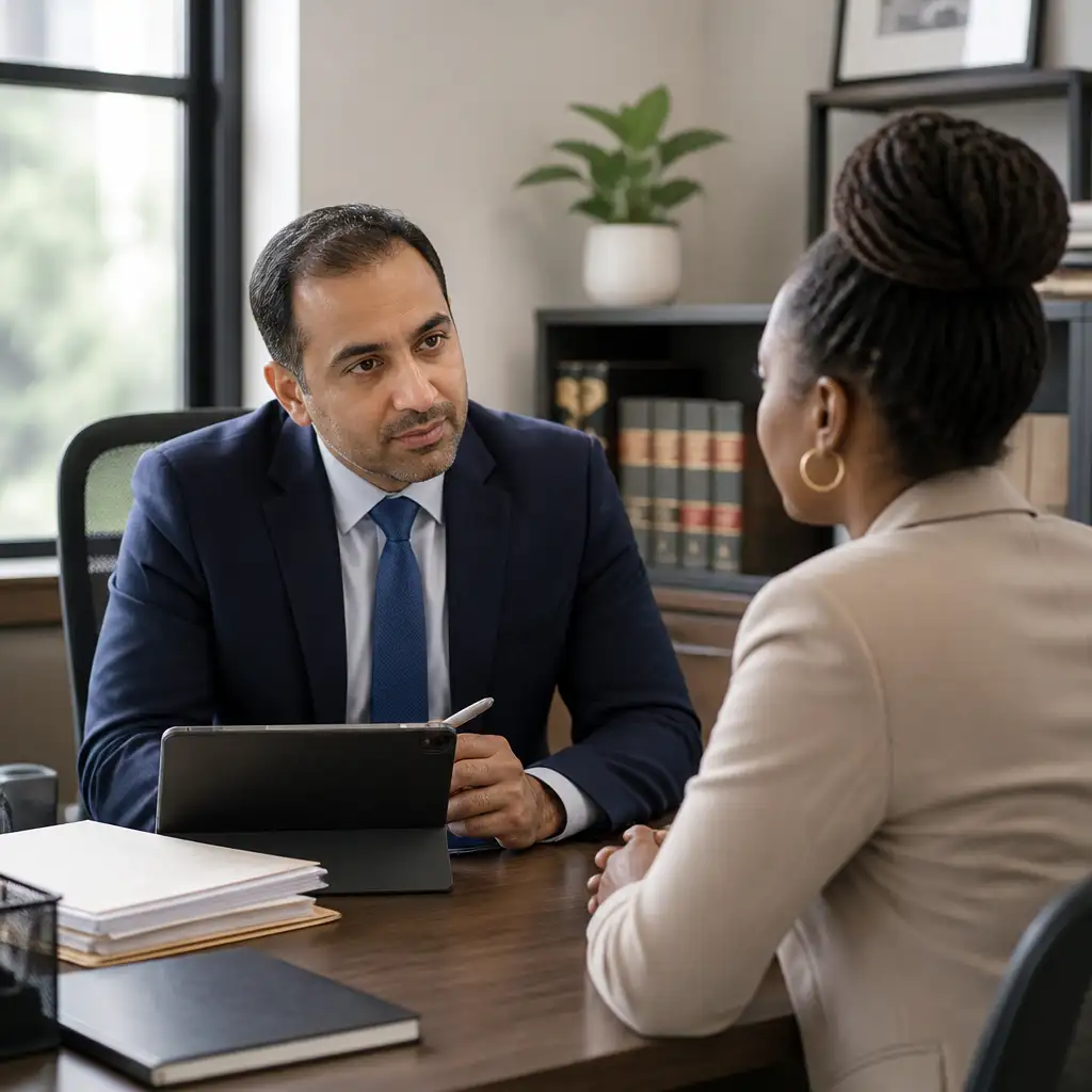 Professional man and woman conversing at office desk