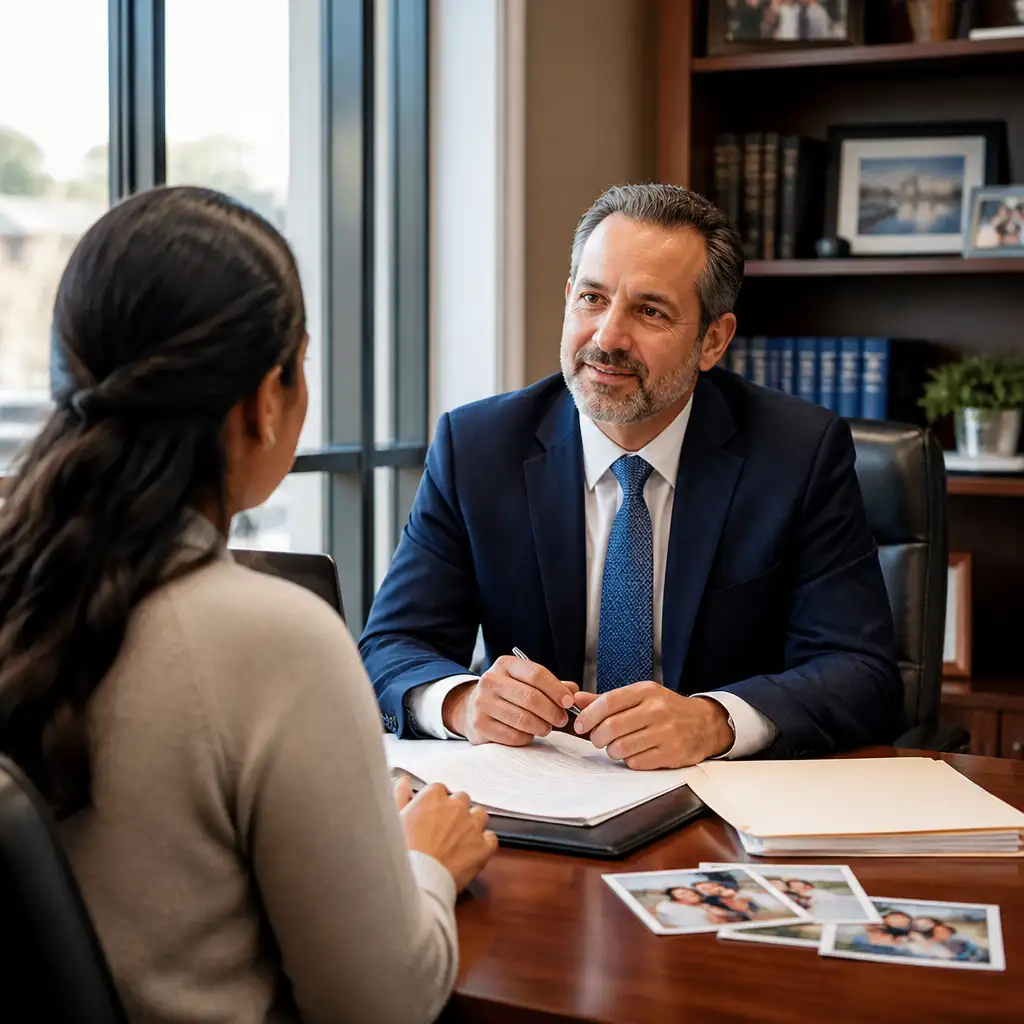 Man in suit speaking to woman across desk with photos