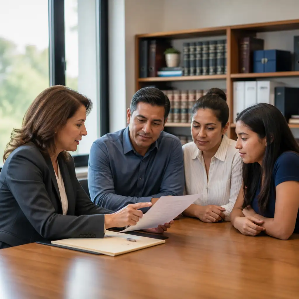 Woman in suit pointing to document while three people listen