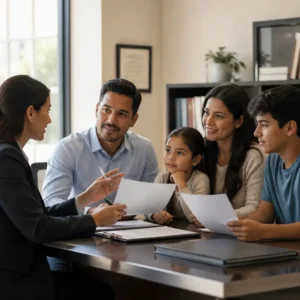 Attorney explaining paperwork to smiling family at desk