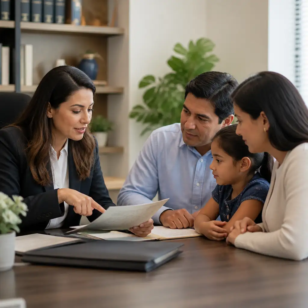 Woman in blazer pointing at document with family at desk