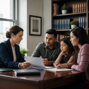 Woman in suit showing document to family at desk
