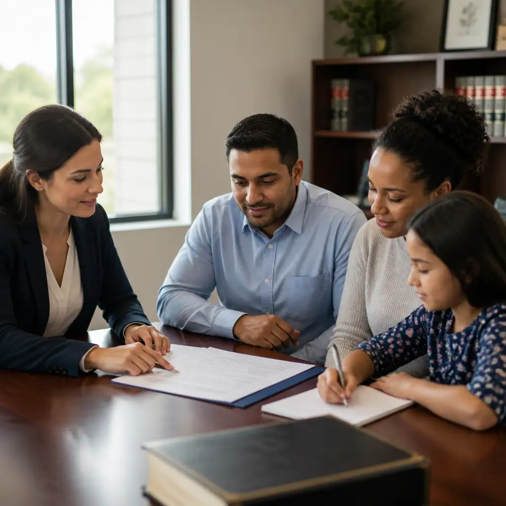 Attorney pointing at documents while family reviews and writes