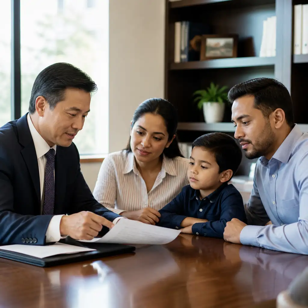 Man in suit reviewing document with two adults and child