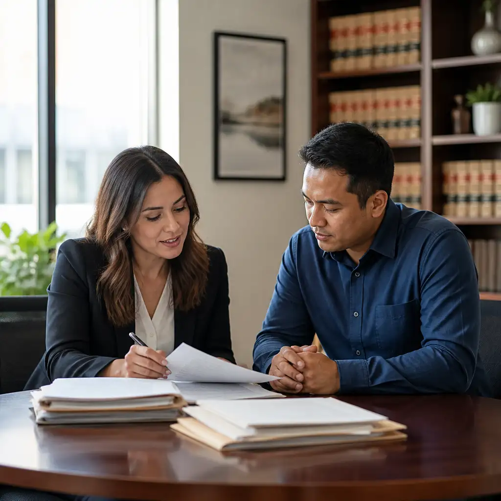 Woman and man reviewing documents at round table in office