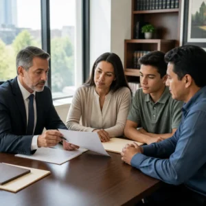 Man in suit reviewing paperwork with family at office table