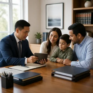 Man in suit showing tablet to parents and child