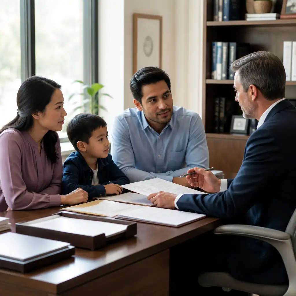 Man in suit explaining documents to parents and child