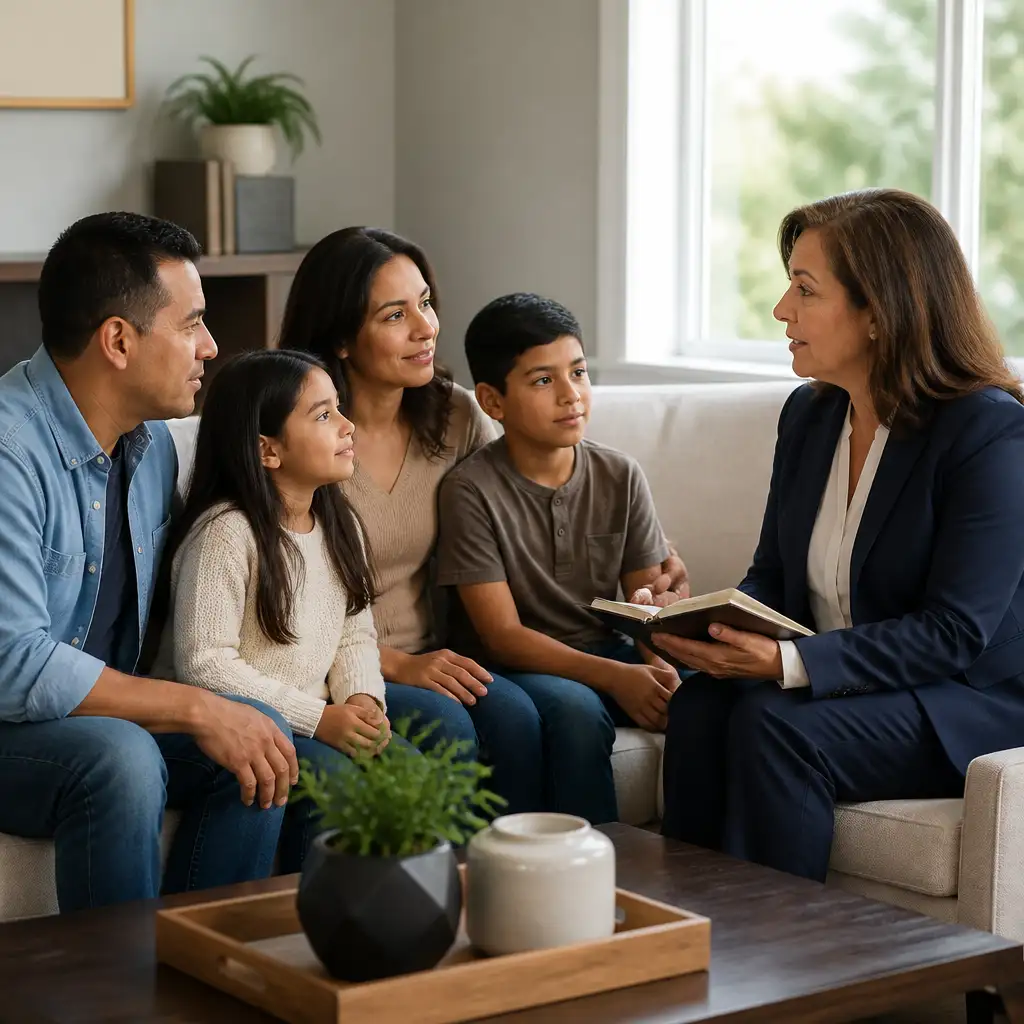 Woman in suit holding notebook talks to family on couch