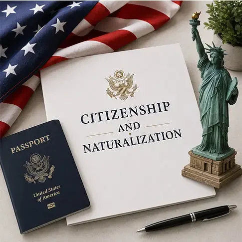 U.S. citizenship documents, passport, and Statue of Liberty.