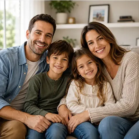 Parents and two children smiling together.